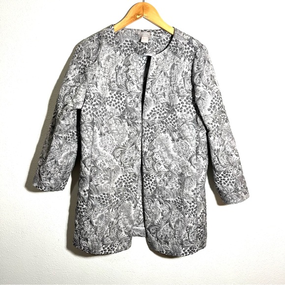Chico's metallic brocade duster jacket blazer Patterned sz 1 8/10 silver gray - Picture 2 of 9
